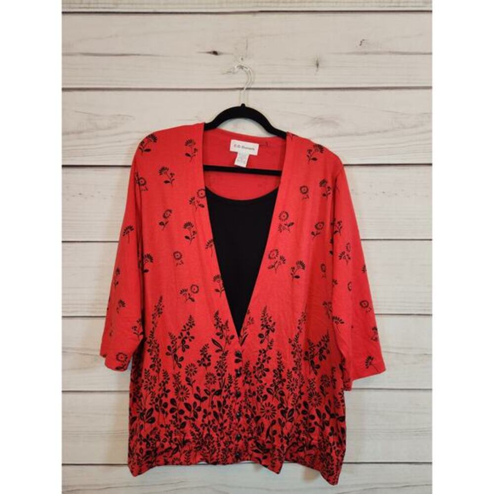 CD Daniels Women's Red Black Floral Print 3/4 Sleeve Button Front Blouse Size 1X